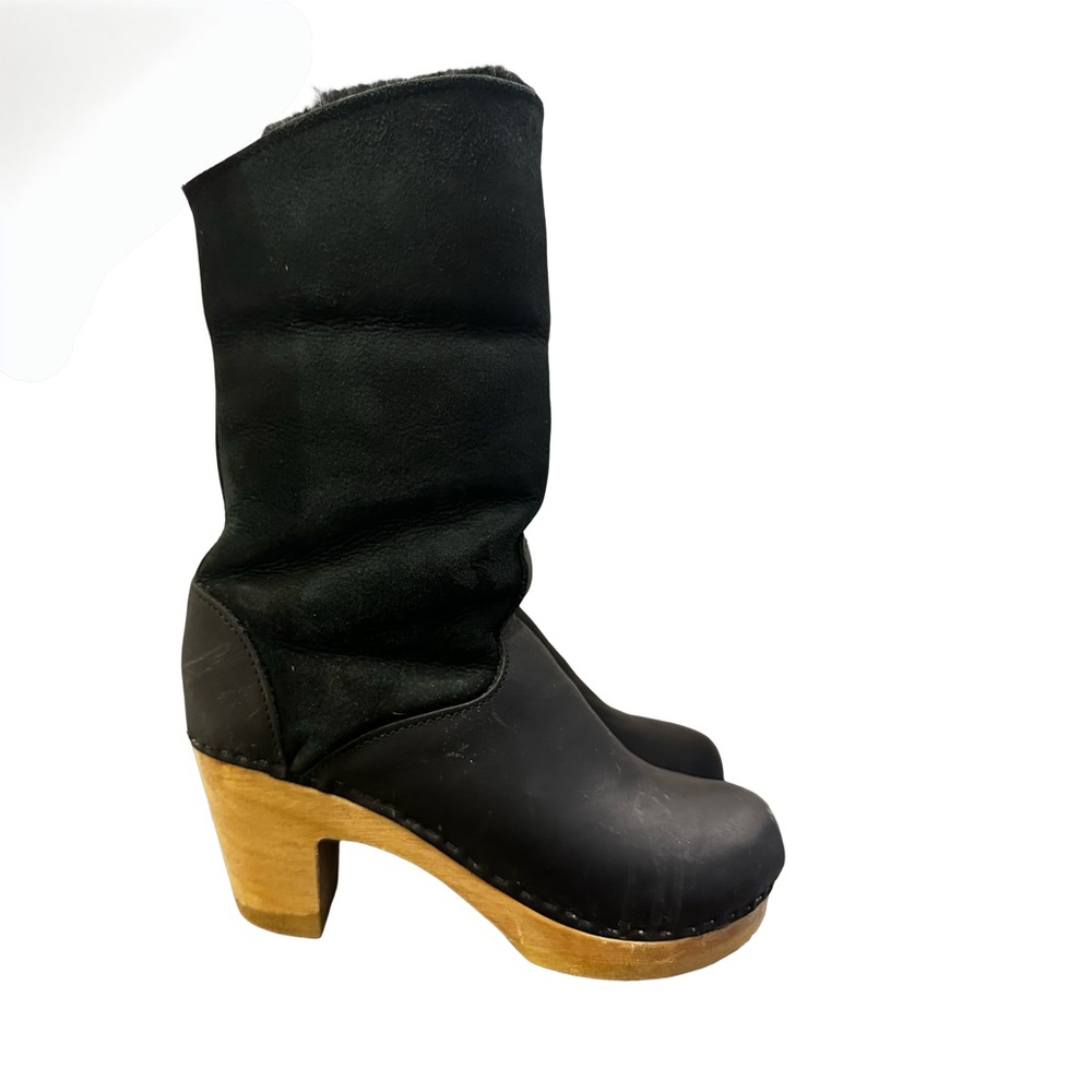 *EUC* No. 6 Black Suede & Leather Clog Boots with Natural Wood Heel